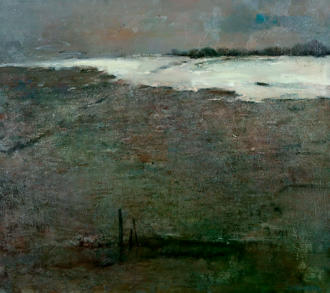 禇德元作品  江滩雪色  风景油画  80×80cm  2016.JPG