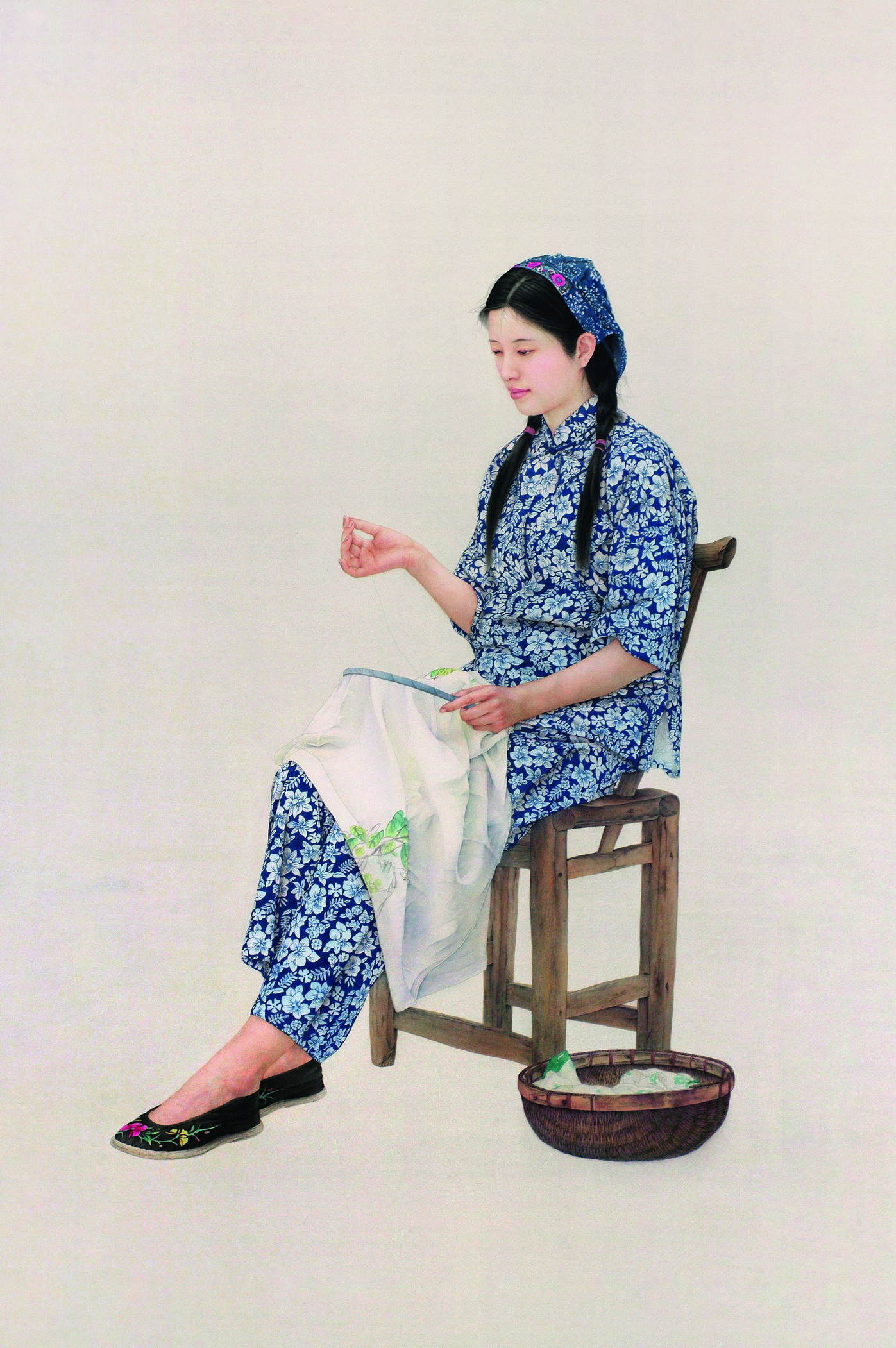 《蓝花花》工笔画 187cm×103cm， 纸本， 2010年创作。