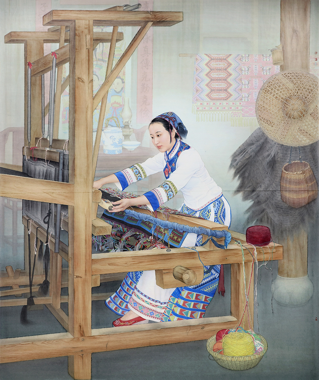 17工笔画《土家织女》186x221cm，纸本，2019年创作，李乃蔚，湖北省文联。