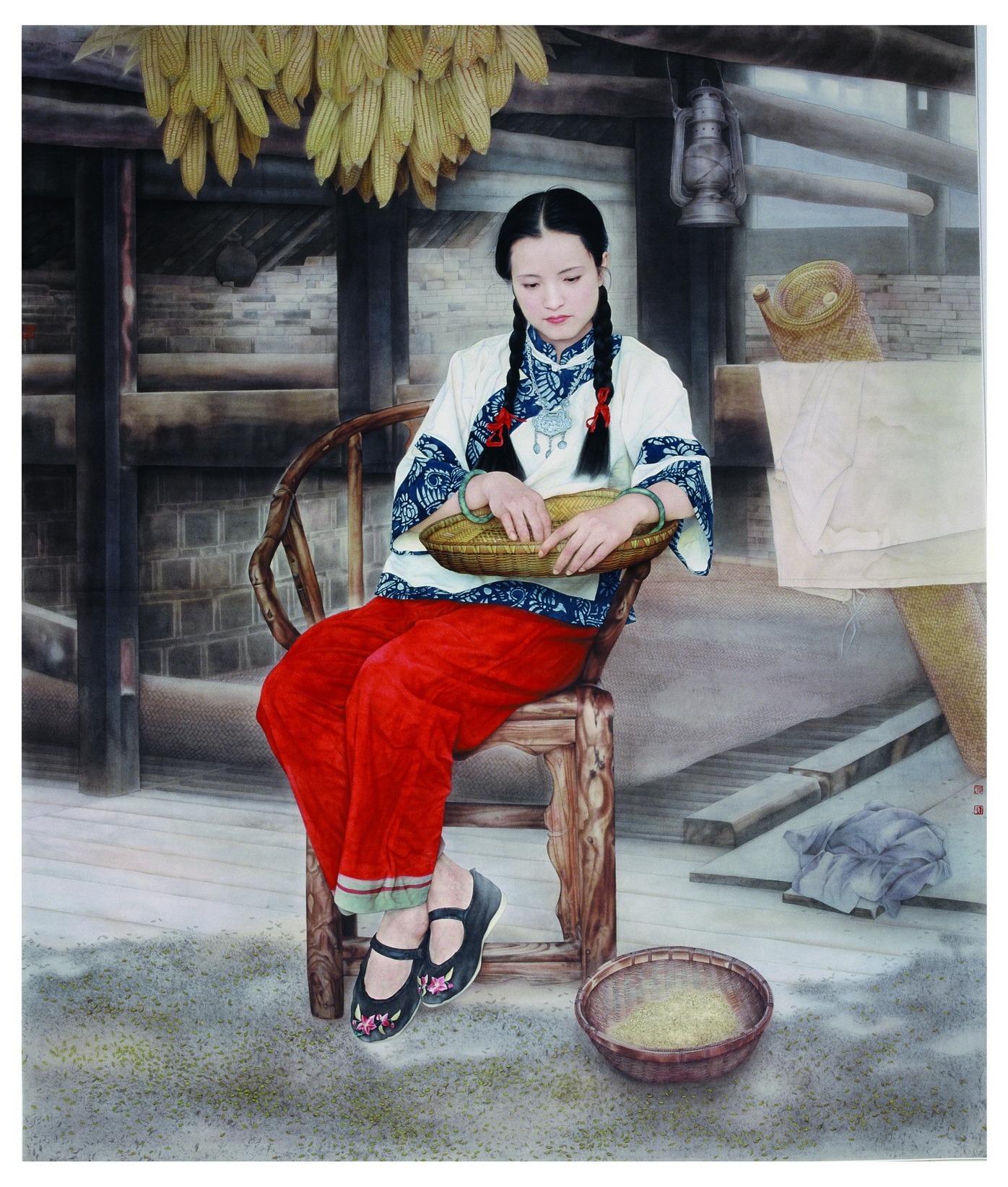 工笔画《银锁》186X160CM，纸本，1999年创作。