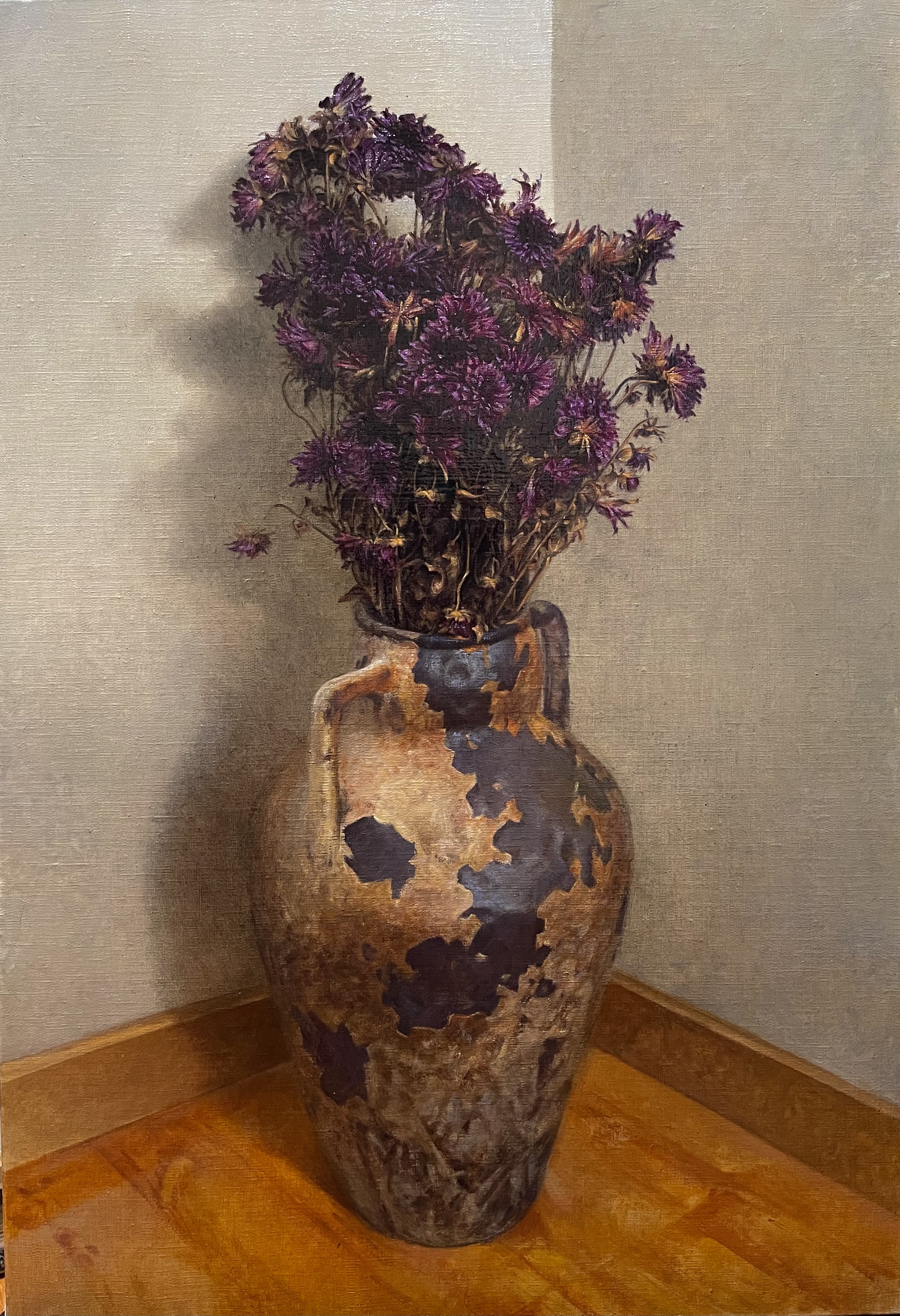 123傅星尧  墙角的干菊  布面油画 70cm x 50cm