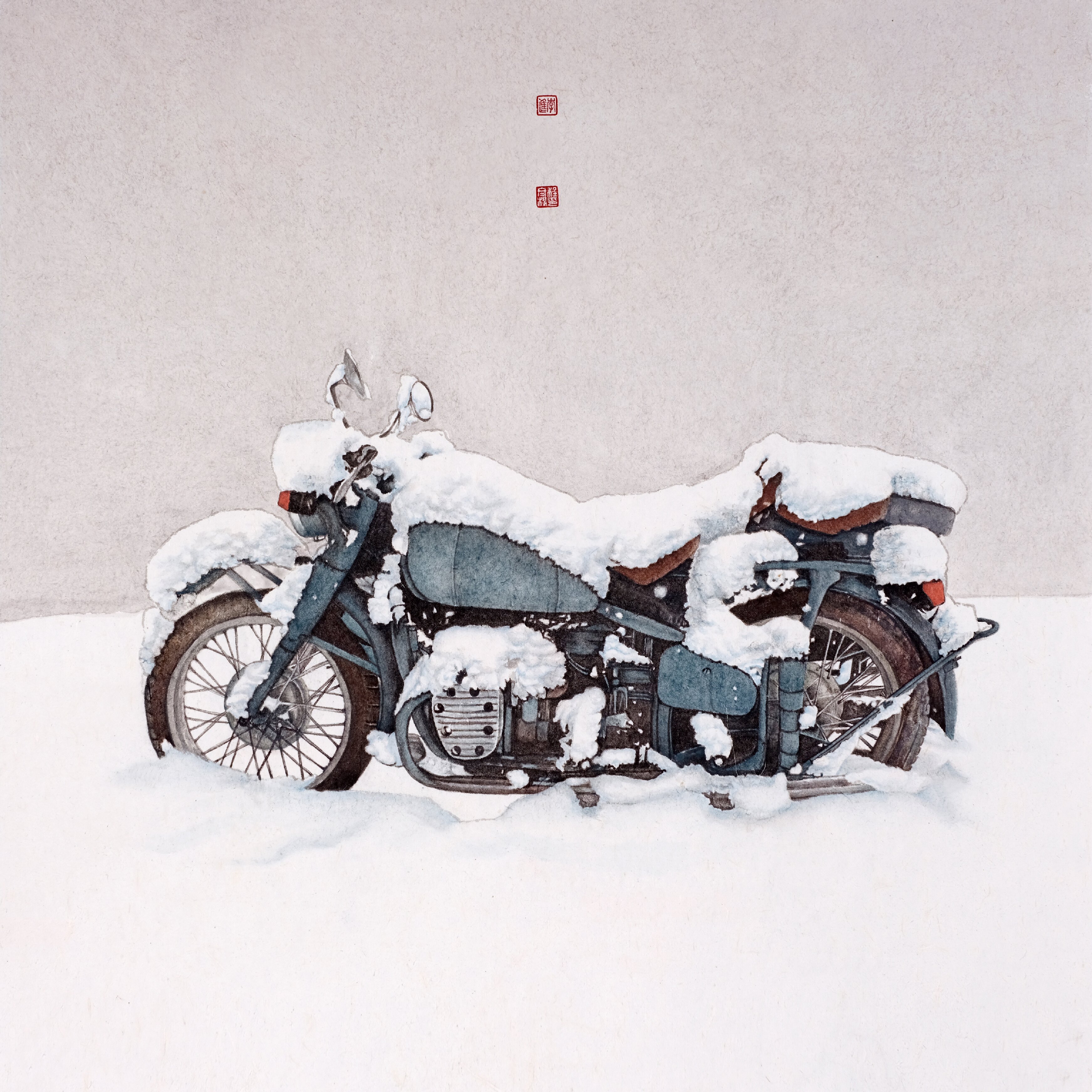203李进  程冬梅+《雪中摩托》+中国画 72cmx72