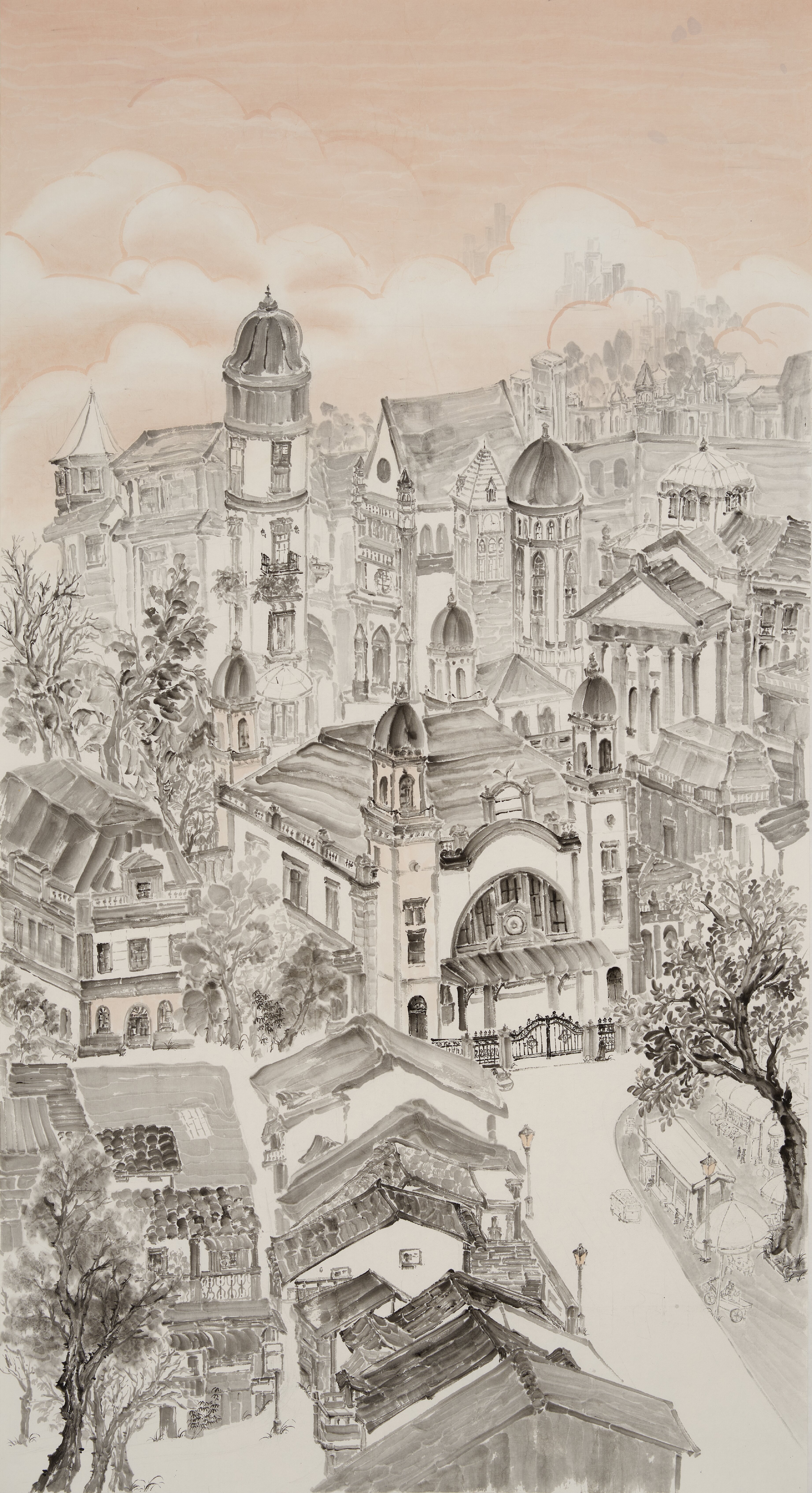 566郑泽慧 +《京汉斜阳映新楼浮光》+国画纸本+180cm×97cm+2025